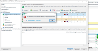 Trados Studio window showing a translation memory and machine translation setup with an error message 'The segment was not committed' and an 'OK' button.
