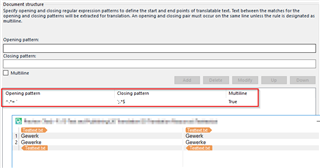 Trados Studio screenshot showing the Document structure settings with Opening pattern '.*=' and Closing pattern ';.*$' entered. Multiline option is set to 'Yes'. A red outline highlights the Multiline setting. Below, a user named Daniel is listed.