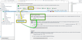 Trados Studio screenshot showing the 'Options' menu with 'Fragment matches' highlighted and a tooltip explaining how to disable it.