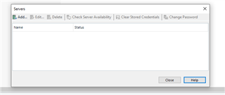 Trados Studio server dialog box with empty server list. Buttons for Add, Edit, Delete, Check Server Availability, Clear Stored Credentials, and Change Password are visible.