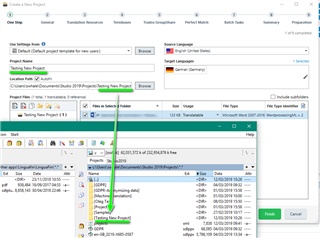 Trados Studio screenshot showing the 'Create a New Project' window with a green arrow pointing to the 'Location Path' field, which is partially filled.
