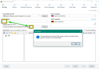 Error message in Trados Studio stating 'The specified project location folder already contains some files. Please specify an empty or non-existing folder.'