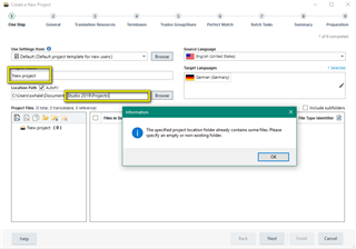 Trados Studio 'Create a New Project' window with the 'Location Path' highlighted, showing an error message about the project location folder.