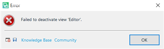 Error message dialog box in Trados Studio with a red 'X' icon, stating 'Failed to deactivate view 'Editor'.' with Knowledge Base and Community buttons below.