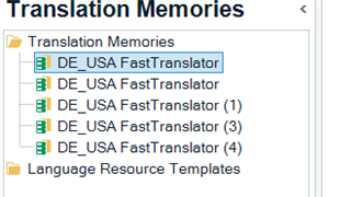 Trados Studio Translation Memories panel showing multiple instances of 'DE_USA FastTranslator' translation memory.