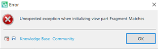 Error dialog box in Trados Studio with message: Unexpected exception when initializing view part Fragment Matches.