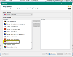 Trados Studio New Project dialog showing Serbian (Latin) selected as a target language.