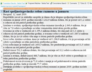 Trados Studio Translation Results window with a Serbian text segment selected, no visible errors.