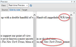 Trados Studio preview window showing formatted text with a circled German umlaut error in the word 'WA rm'.