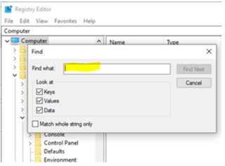 Registry Editor window with the 'Find' dialog box open, showing a highlighted input field where 'LDSRClient5' is typed in.