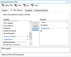Trados Studio Advanced Display Filter window showing selected attributes: Status - Translated, Repetitions - All, with 23764 of 23764 segments filtered.