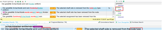Trados Studio screenshot showing a warning message 'The selected text part is removed from the target segment' with a red exclamation mark icon.