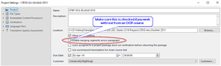 Trados Studio project settings window with an option circled 'Clean up spaces across paragraphs' and a note 'Make sure this is checked if you work with text from OCR source'.