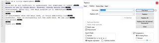 Trados Studio 'Find and Replace' window showing a regex pattern in the 'Find what' field to remove hard line breaks after lowercase letters, with 'Replace with' field containing a space.