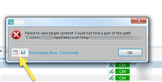 Error dialog box in Trados Studio showing 'Failed to save target content: Could not find a part of the path C:UsersUsernameAppDataLocalTemp'.