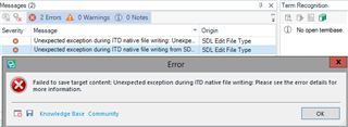 Error message in Trados Studio showing 'Unexpected exception during ITD native file writing' from SDLX components on Windows Server 2012 R2.