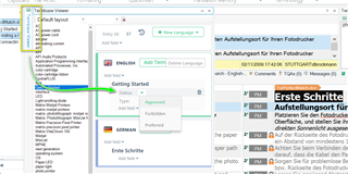 Trados Studio interface showing the termbase viewer with a list of terms. A cursor hovers over the 'Status' column with a dropdown menu displaying options: Approved, Forbidden, Preferred.