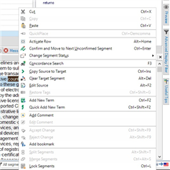 Trados Studio screenshot showing an open dropdown menu with options like Cut, Copy, Paste, and the 'Select All' option with shortcut Ctrl+A greyed out and unclickable.