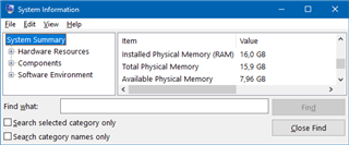 System Information window showing System Summary selected, with Installed Physical Memory (RAM) listed as 16.0 GB.