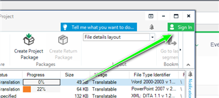 Trados Studio sign-in prompt pointing to the sign-in button in the top right corner of the project window.