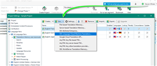 Trados Studio project settings window with an arrow pointing to the Automated Translation settings tab.