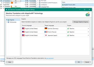 Trados Studio Machine Translation settings window displaying source language as English (United States) and target language options including French (France).