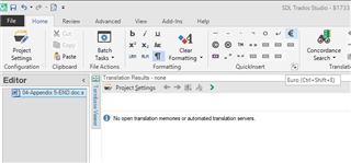 Screenshot of Trados Studio interface showing the QuickInsert toolbar with a tooltip for the Euro symbol shortcut (Ctrl+Shift+e) which is not functioning.