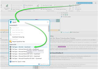 Trados Studio 2019 interface showing the 'Tell Me' search bar with 'QuickInsert' typed in and a dropdown menu suggesting related functions.