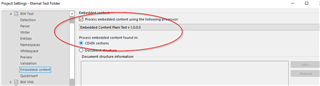 Trados Studio screenshot showing an error message in 'Embedded Content' settings, with 'Plain text' and 'Inline tags' options circled in red.