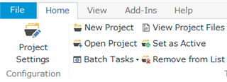 Trados Studio screenshot showing the File tab with options including New Project, View Project Files, Open Project, Set as Active, Batch Tasks, and Remove from List.