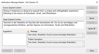 QA Checker 3.0 window in Trados Studio displaying a verification message for a Shackleton term found in both source and target.