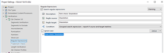 Trados Studio Project Settings window showing Regular Expressions tab with a list of expressions.