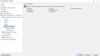 Screenshot of Trados Studio Project Settings with 'Auto-substitution' options for dates, times, and measurements.