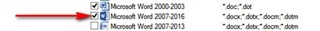 Trados Studio File Options showing Microsoft Word 2007-2016 filetype checked and older versions unchecked.