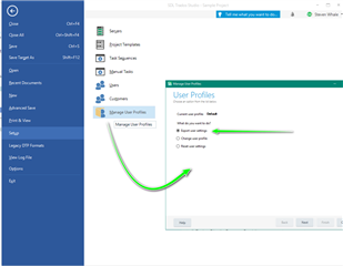 Trados Studio screenshot showing the User Profiles window with options to export current profile, import profile, and reset user settings.