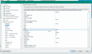 Trados Studio Options window showing Keyboard Shortcuts tab with a list of commands and their assigned shortcuts.