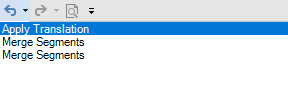 Trados Studio screenshot showing the 'Apply Translation' dropdown menu with two 'Merge Segments' actions listed.