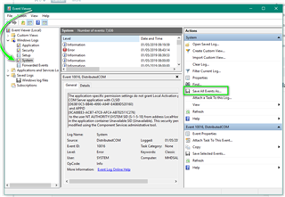 Screenshot of Windows Event Viewer showing an error event from DistributedCOM with event ID 10016, indicating permission issues.