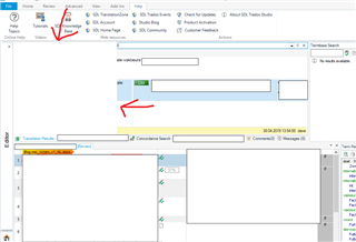 Screenshot of Trados Studio 2017 Review mode showing a white square covering the top window with Translation and Concordance Results. Red arrows point to the anomaly.