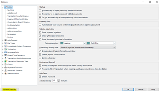 Trados Studio Options menu with a focus on the Editor section showing various settings such as 'Show whitespace characters' and 'Confirming display options'.