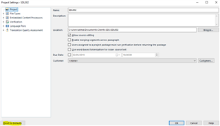 Project Settings window in Trados Studio with options for 'Allow automated actions' and 'Warn before running automated actions for large projects'.
