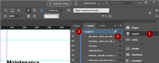 Screenshot of Trados Studio interface showing the Layers window with Layer 1 selected and a list of text boxes on that layer. An eye icon indicates visible layers.