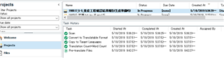 Trados Studio project tasks with solid green icons indicating completion, but no 'completed' time for the pre-translate task.