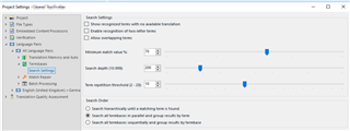 Screenshot of Trados Studio Project Settings dialog showing Search Settings with options for minimum match value and search depth.