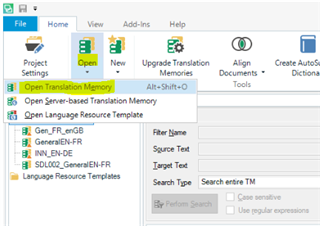 Trados Studio screenshot showing the 'Open Translation Memory' dialog with a list of translation memories including 'General_FR-EN', 'EN_EN_GB', and 'SDL002_GeneralEN-FR'.