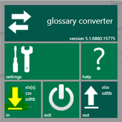 Screenshot of Glossary Converter version 5.1.6860.15775 showing options for settings, help, import and export of files with supported formats xls(x), csv, sdltb.