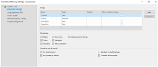 Translation Memory settings window in Trados Studio with 'Numbers' option checked under 'Recognize' section, suggesting number recognition is enabled.