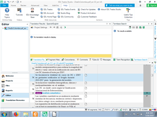 Trados Studio editor with an active segment containing text and numbers, but no numbers are highlighted or marked.