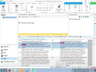 Trados Studio editor with an active segment where certain numbers are highlighted in blue, indicating random recognition.