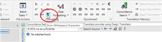 Trados Studio toolbar with the 'Show Whitespace Characters' option circled, indicating a suggestion to enable it.